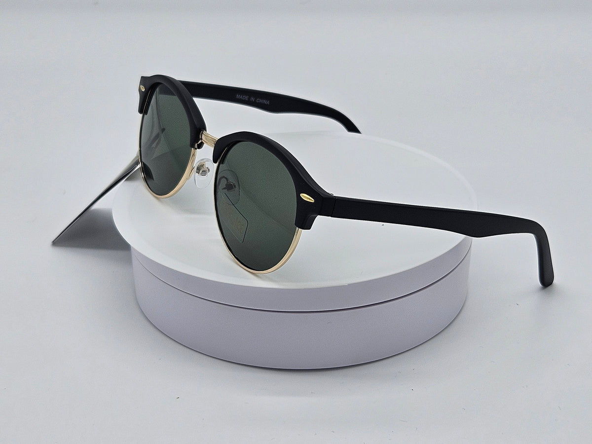 Matte Black Round Browline Sunglasses with Gold Accent
