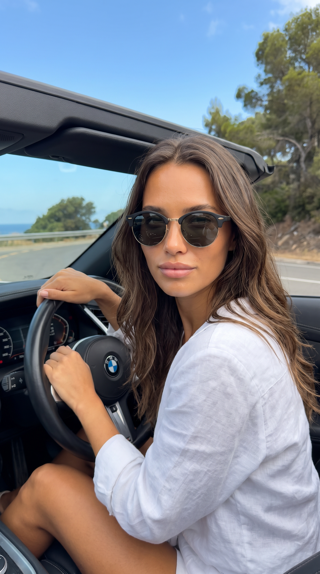 Matte Black Round Browline Sunglasses with Gold Accent