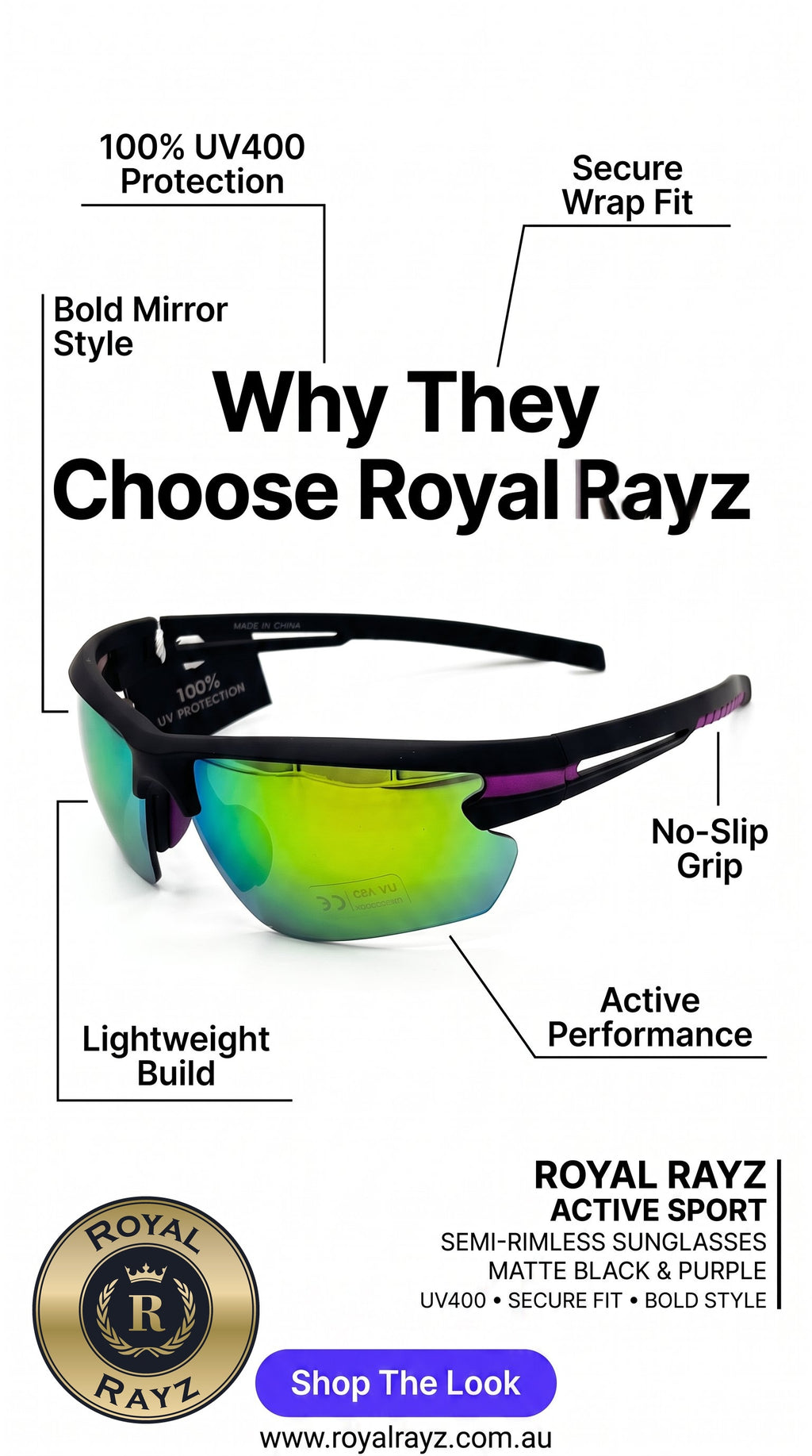Royal Rayz Semi-Rimless Sport Sunglasses – Black & Purple, Green Mirror Lens