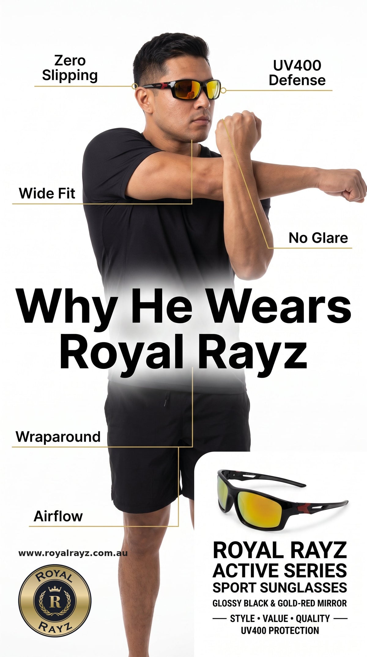 Black Sport Sunglasses with Gold-Red Mirror Lens