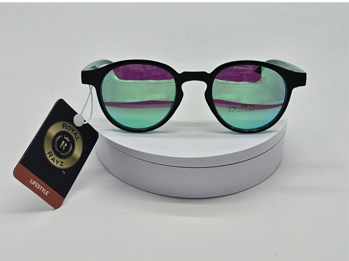 Royal Rayz Retro Round Sunglasses – Black & Forest Green, Blue Mirror Lens