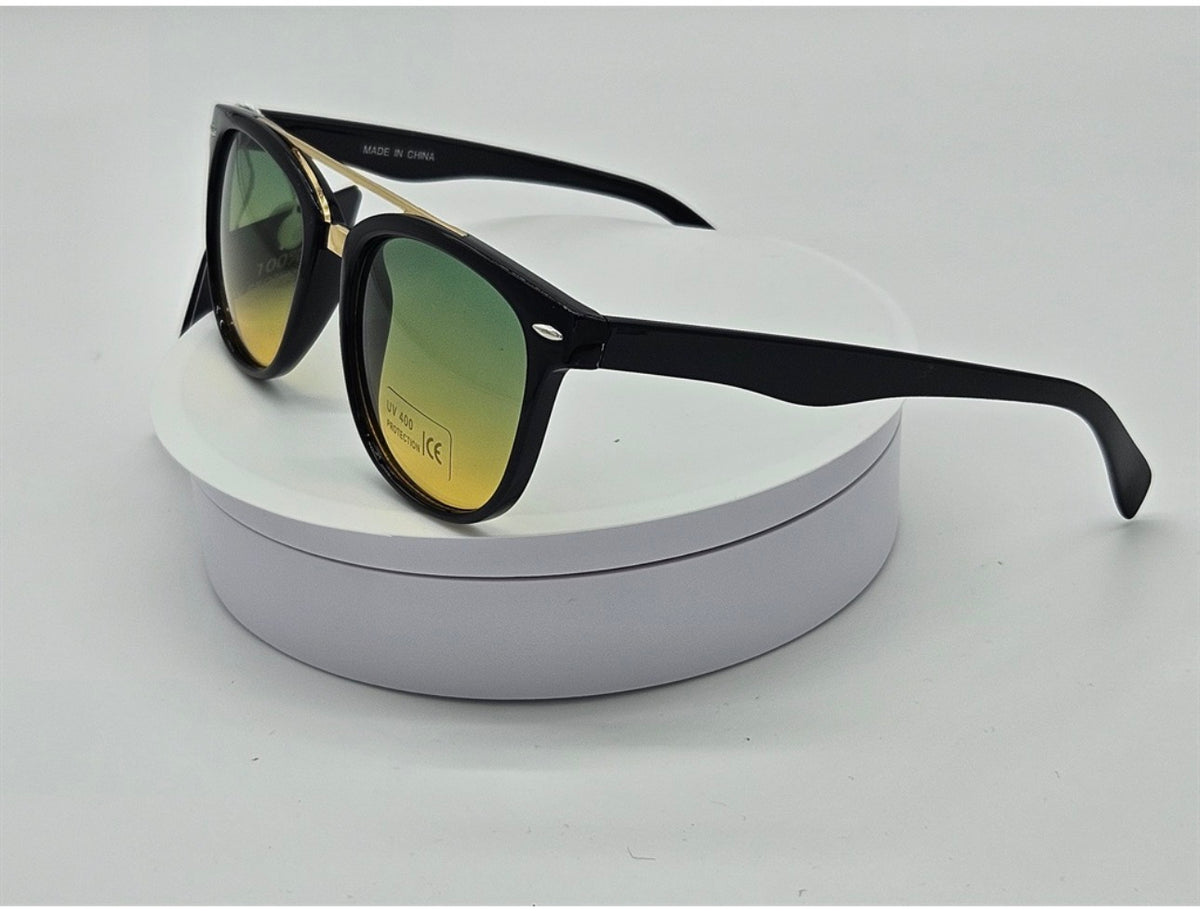 Royal Rayz Aviator Browline Sunglasses – Black & Gold, Green-Yellow Gradient Lens