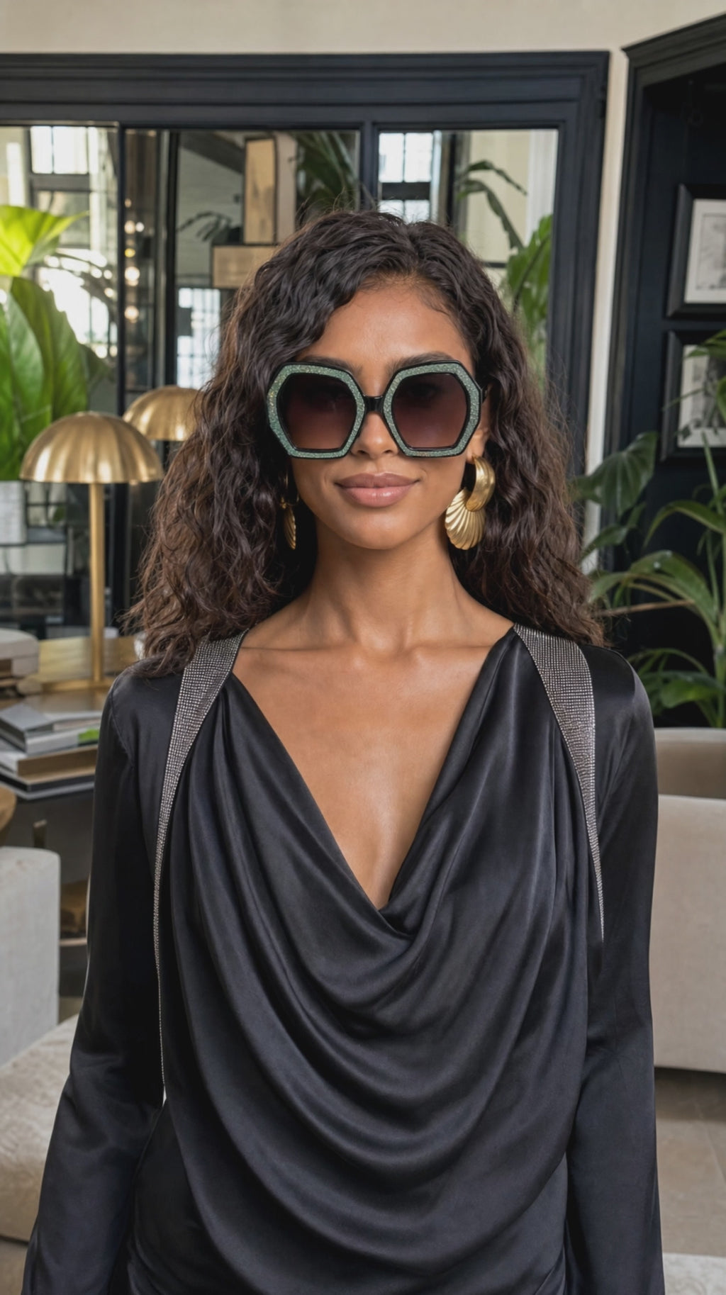 Royal Rayz Glitter Hexagon Sunglasses – Black & Sage Green, Grey-Lavender Gradient Lens